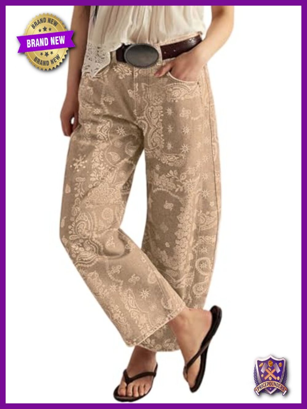 Barrel Leg Wide Leg Floral Print Denim Ankle Pants Mid Rise Zip Front